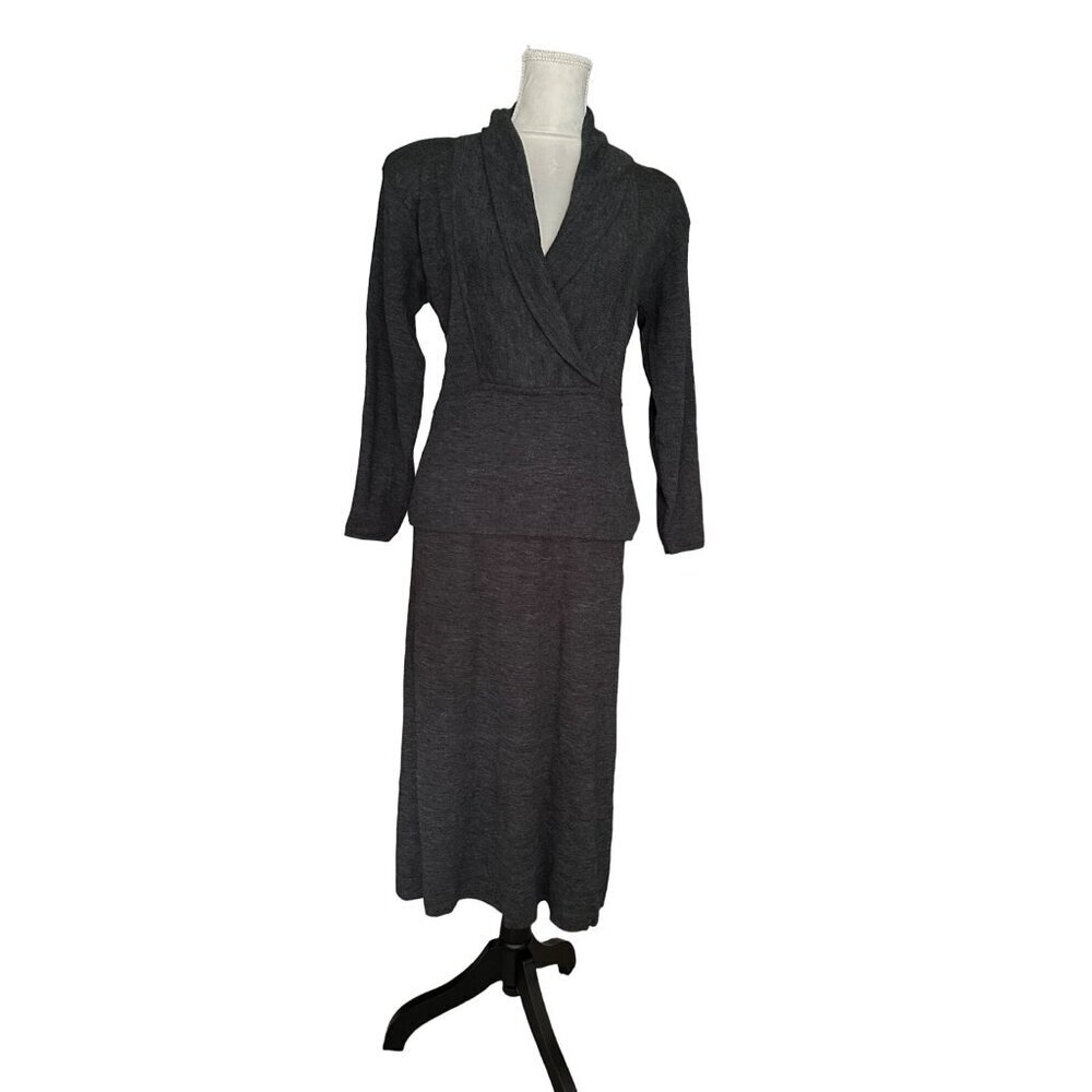 Vintage Donna Toran Wool Blend Gray 2pc Skirt Set Long Sleeve Size M